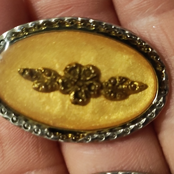 VINTAGE GERMAN GLASS BRONZE FLORAL INLAY SILVER-TONE DROP POST 1.2" EARRINGS - Picture 6 of 9